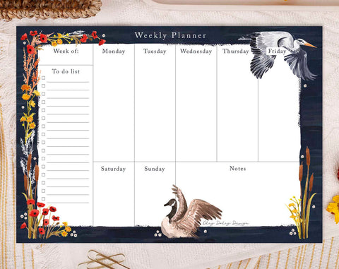 Decorative Week Planner Desk Pad. Herons & Reeds