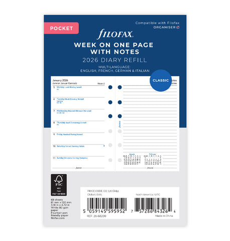 Filofax 2026 Refill, Week On One Page Diary With Notes, Pocket