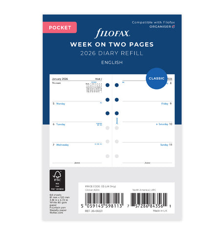 Filofax 2026 Refill, Week On Two Pages Diary, Pocket