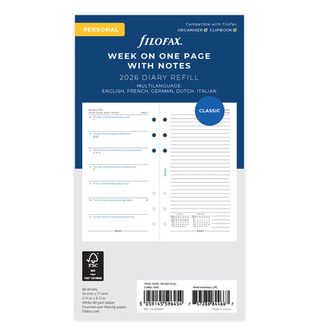 Filofax 2026 Refill, Week On One Page Diary With Notes, Personal