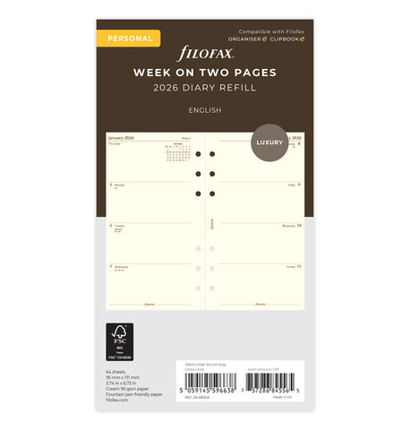 Filofax Refill 2026, Week on Two Pages, Personal Cotton Cream